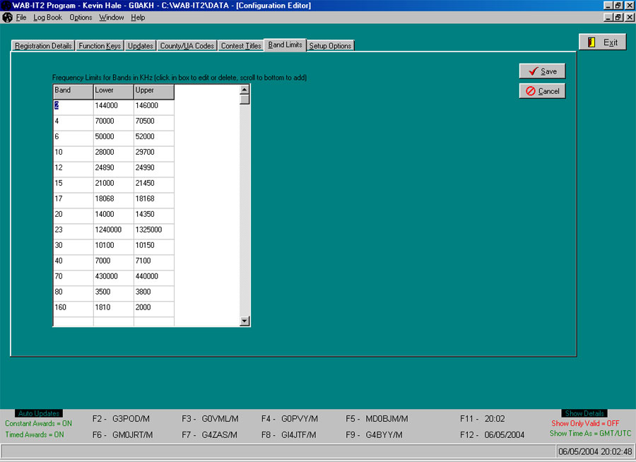 Screen Shot of Band Limits tab within Configuration Editor